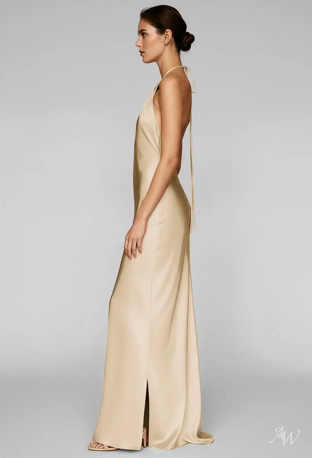AW Latonia Dress, Fennel Seed Satin Charmeuse Stretch Satin Floor